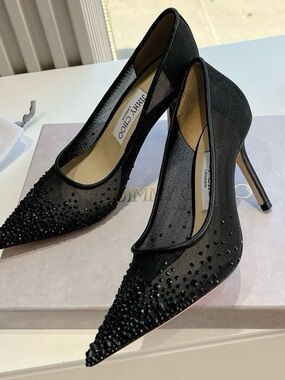Jimmy Choo Black Crystal Mesh Pointed-Toe Stiletto Pumps